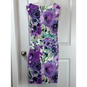 Connected Apparel Women's 10 Sheath Dress Floral Purple Green Ruffle Medium